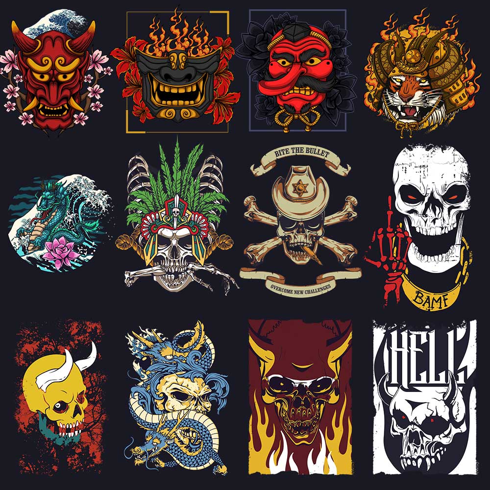 Skulls and masks t-shirt designs for print